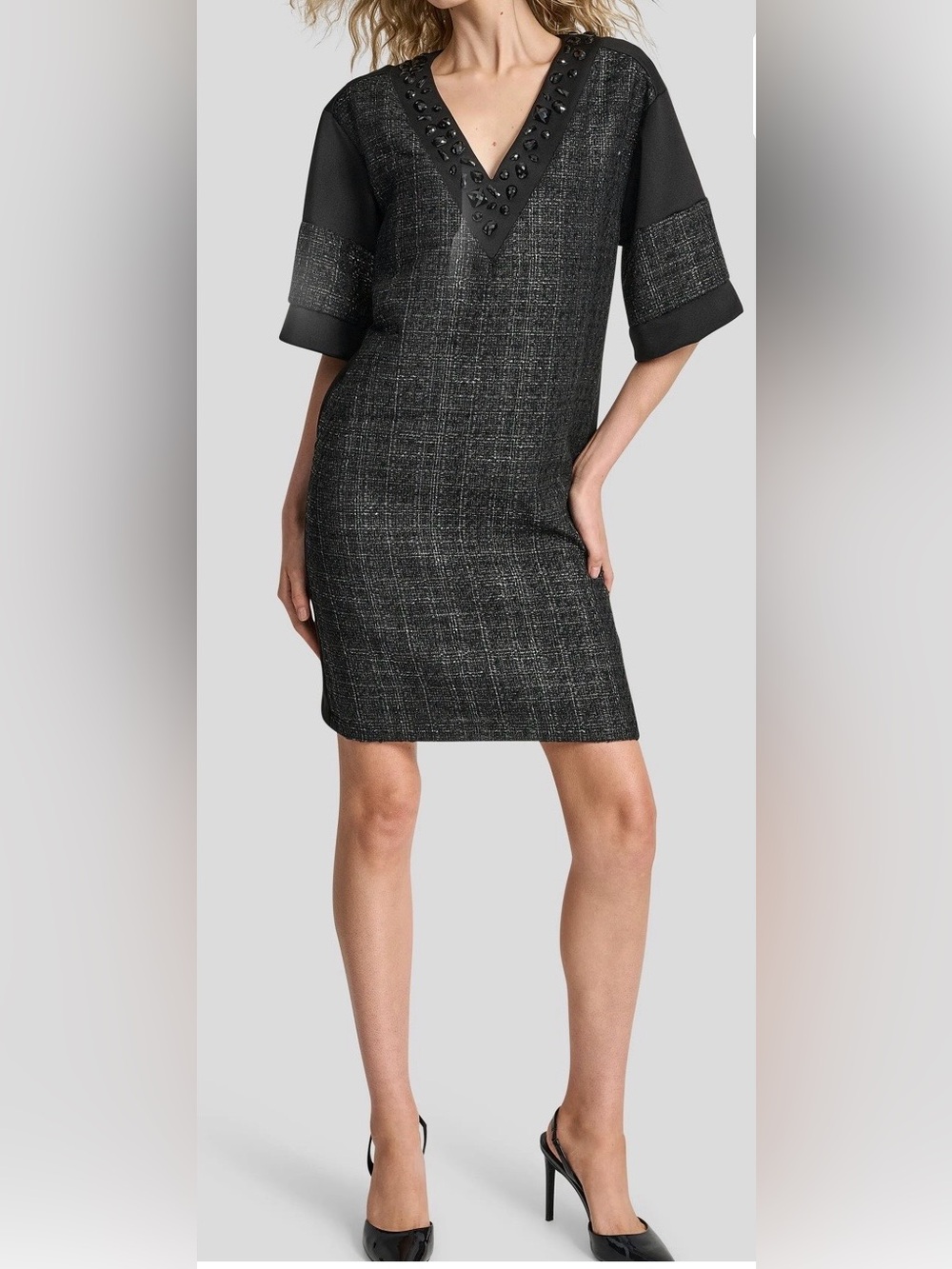 NWT DKNY Black Embellished Neck Mixed Media Shift Dress Size XL
